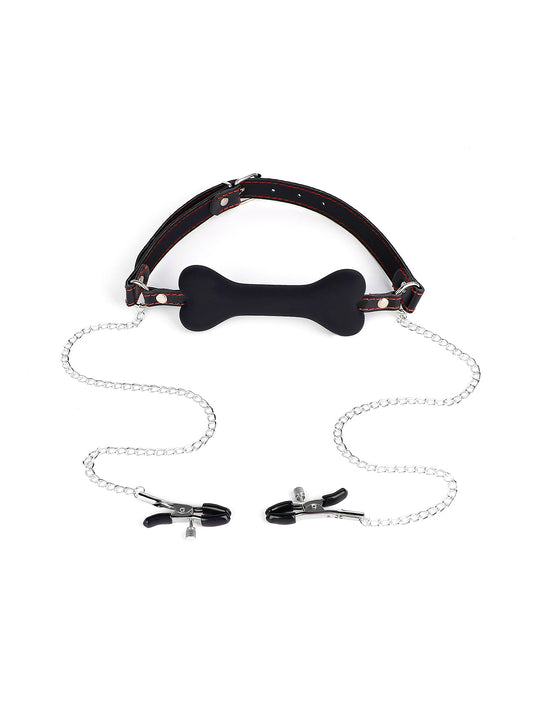 Bone Gag with Nipple Clamps - Black