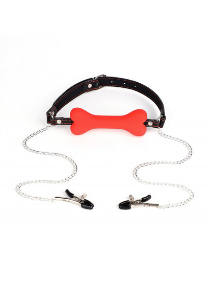 Bone Gag with Nipple Clamps - Red