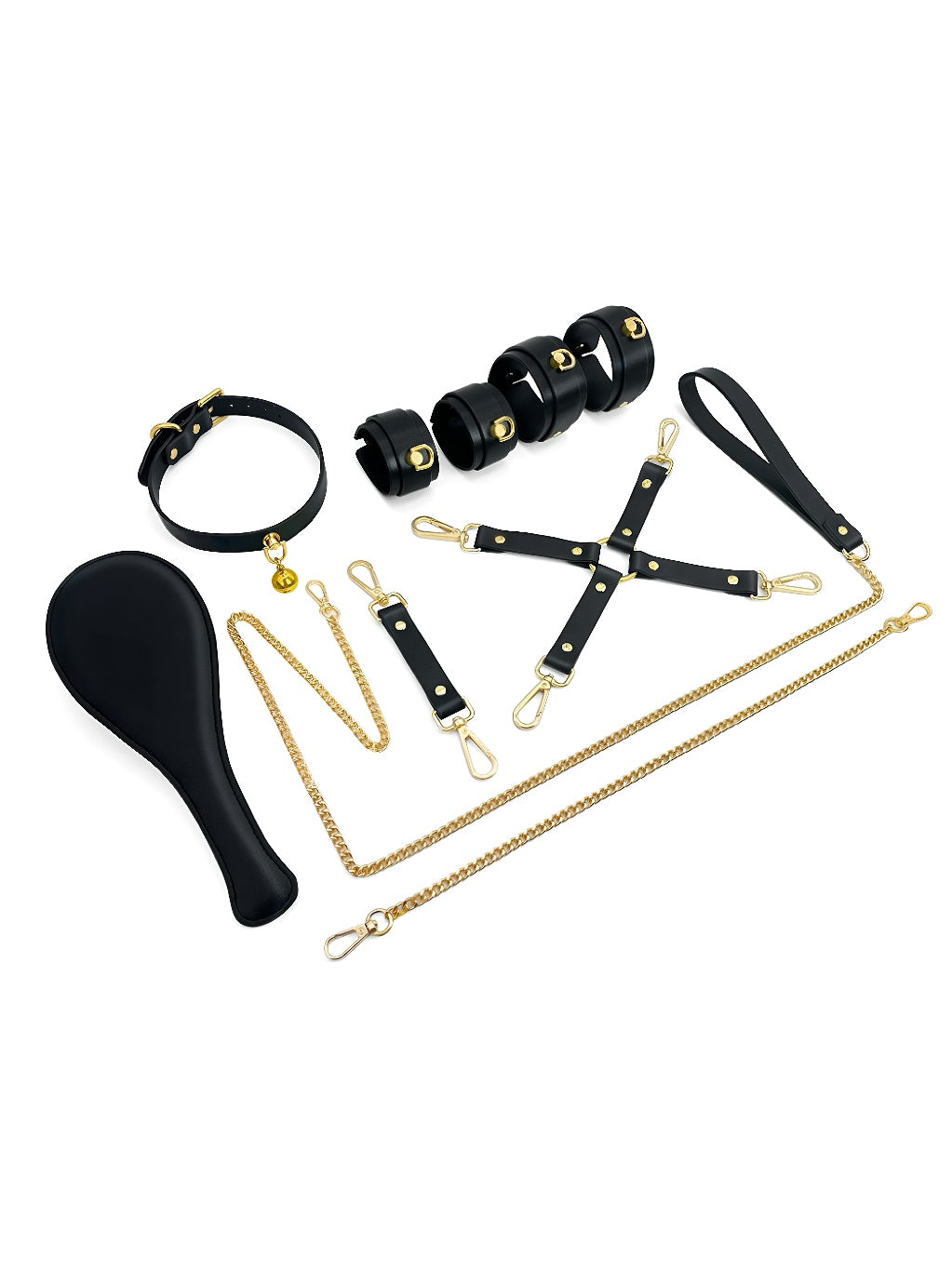 A black leather bondage set with gold hardware, including wrist and ankle cuffs, a collar with lead, a spanking paddle, a hogtie, a flogger, a blindfold, cuffs, lead, and a ball gag. 