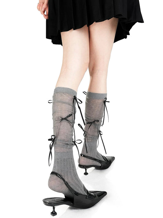 Angelic Bows Knee Socks - Dark Grey